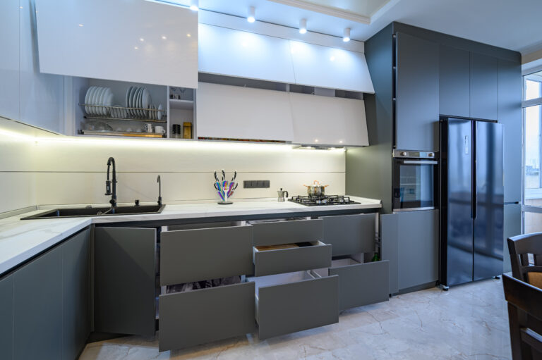 Luxury white and dark grey modern kitchen interior