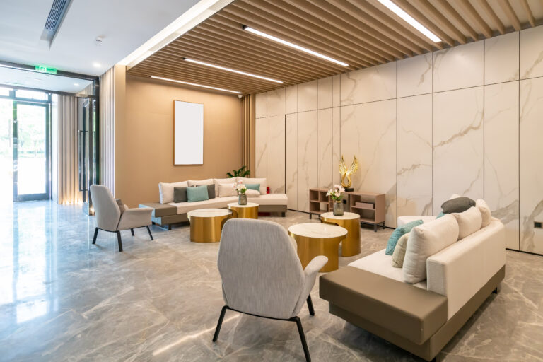 hotel reception hall, modern style living room, sofa, coffee table